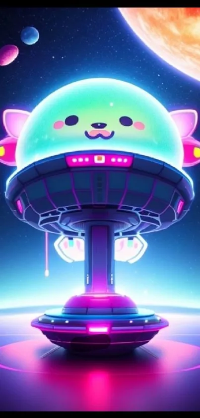 Cute neon alien in a futuristic space setting with vibrant colors.