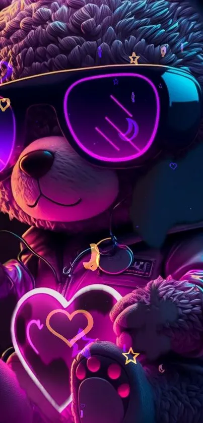 Cute teddy bear in neon sunglasses with glowing heart.