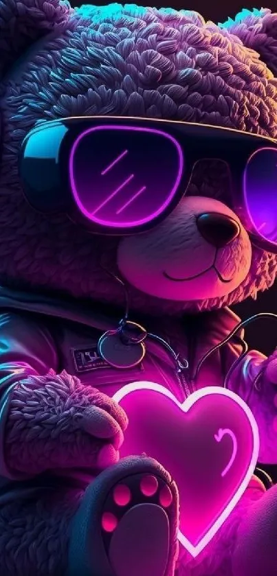 Cute teddy bear with neon heart and sunglasses.