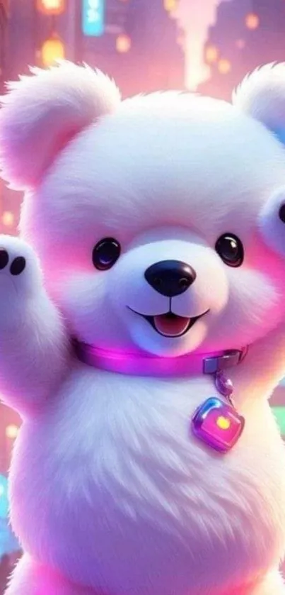 Adorable teddy bear with neon city background, perfect for a lively phone wallpaper.