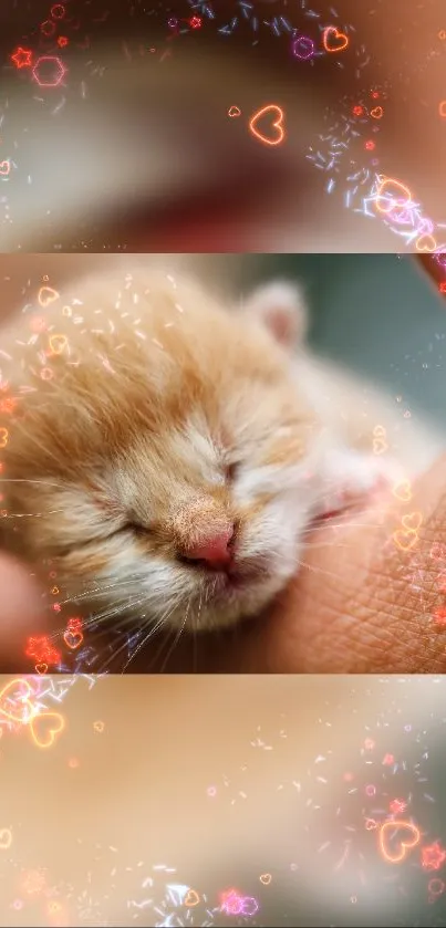 Cute newborn kitten in hand with glowing heart shapes.