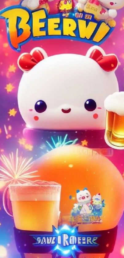Cute character mobile wallpaper with vibrant colors and beer elements.