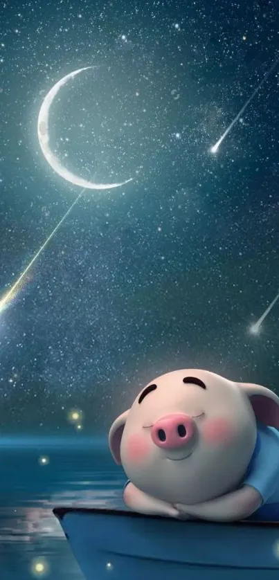 Cute pig in a boat under a starry night sky.