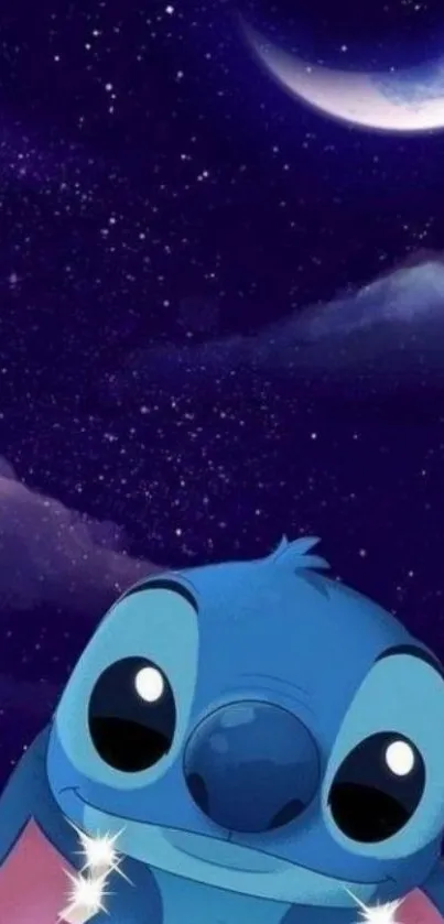 Cute blue character under a starry night sky.