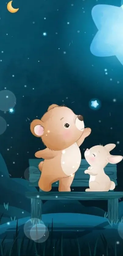 Cute cartoon bear and bunny under a starry night sky.