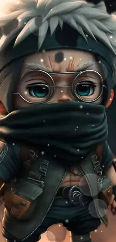 Chibi anime ninja with glasses and scarf in dark grey tones.