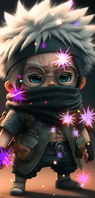 Cute chibi ninja character with gray hair and mask, vibrant phone wallpaper.