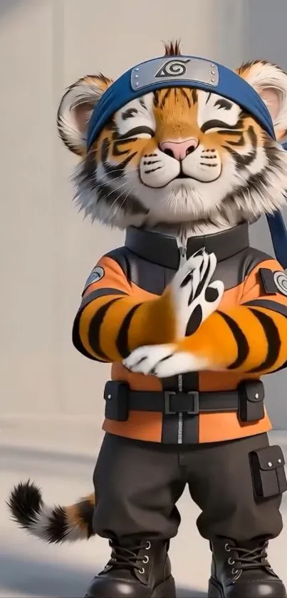 Cute tiger in ninja outfit mobile wallpaper.