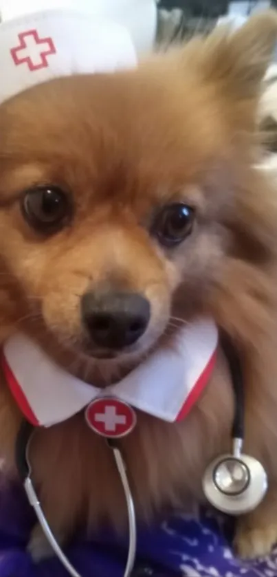 Cute dog dressed as a nurse with stethoscope.