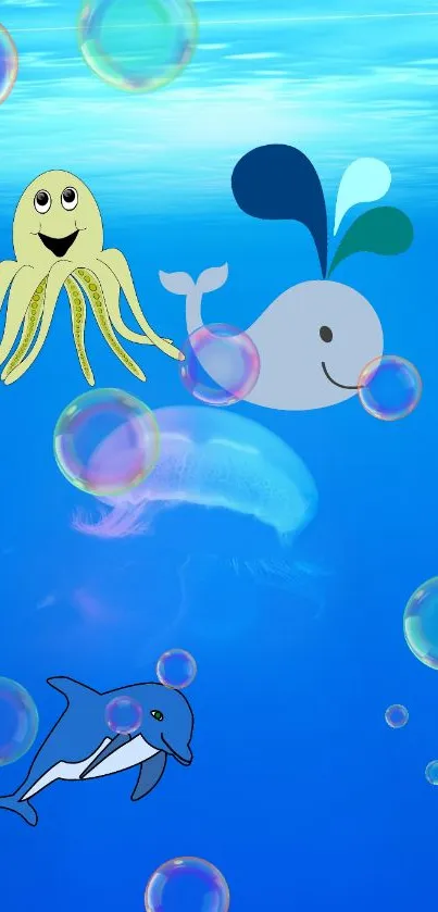 Cute ocean creatures with bubbles on a blue background for mobile wallpaper.