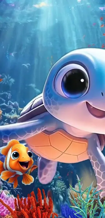 Cute turtle and fish swim through vibrant underwater world.