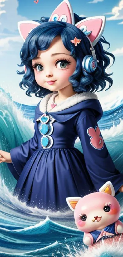 Cute anime girl with blue hair and ocean waves.