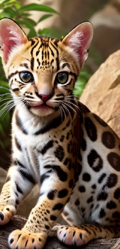 Adorable ocelot cub sitting on a log in the jungle.