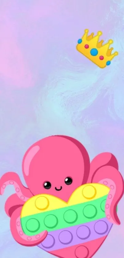 Cute pink octopus with rainbow pop-it and crown on pastel background.