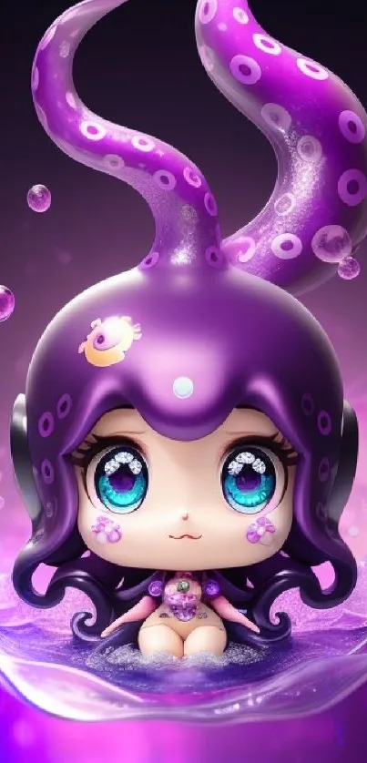 Cute cartoon octopus with big eyes and purple tentacles in vivid oceanic setting.