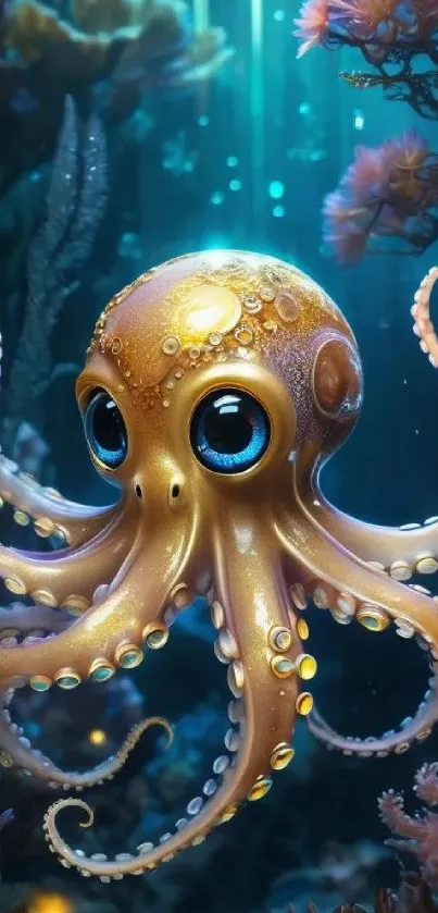 Adorable cartoon octopus in an underwater fantasy scene.