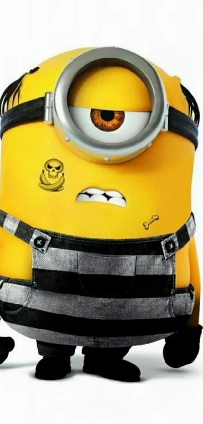 Yellow one-eyed cartoon in black overalls.