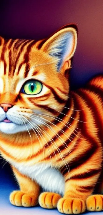 Cute orange cat with green eyes on a colorful background.