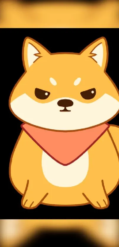 Cute cartoon Shiba Inu with orange fur and bandana on wallpaper.