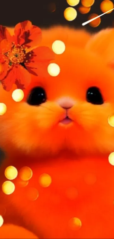 Cute orange fluffy animal with bright dots and flower.