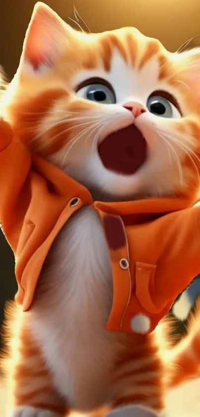 Cute orange kitten wearing a jacket with paws raised.