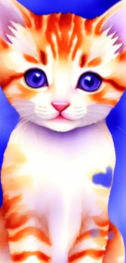 Adorable orange kitten with blue eyes on a watercolor background.