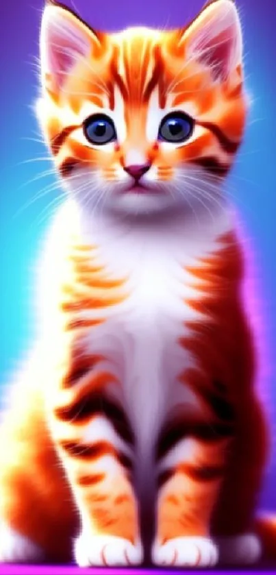 A cute orange kitten against a blue gradient background in vibrant colors.