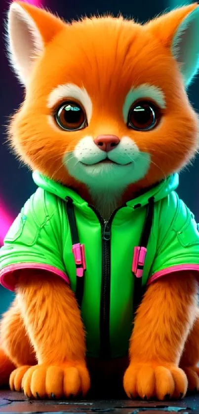 Cute orange kitten in green hoodie with neon background.