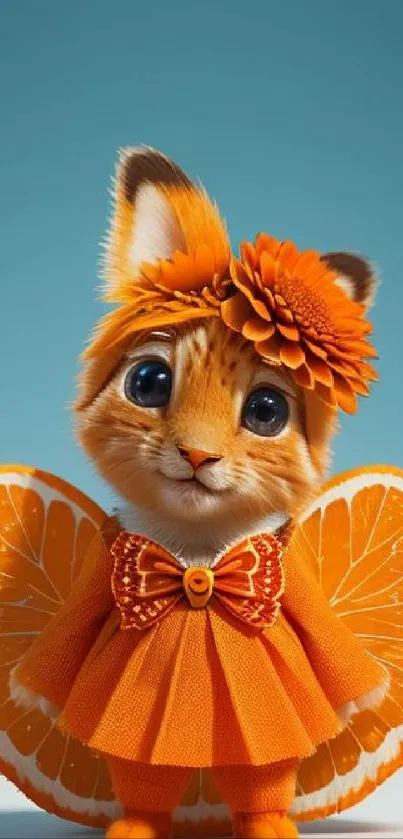 Cute orange kitten with citrus dress and flower accessory.