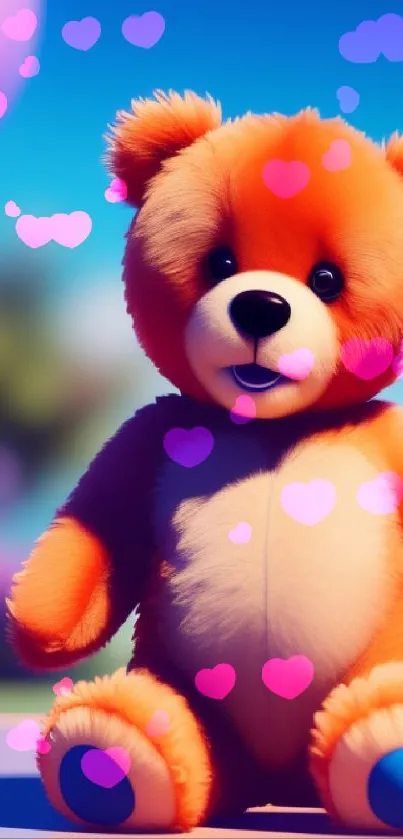 Orange teddy bear with blue paws on vibrant background.