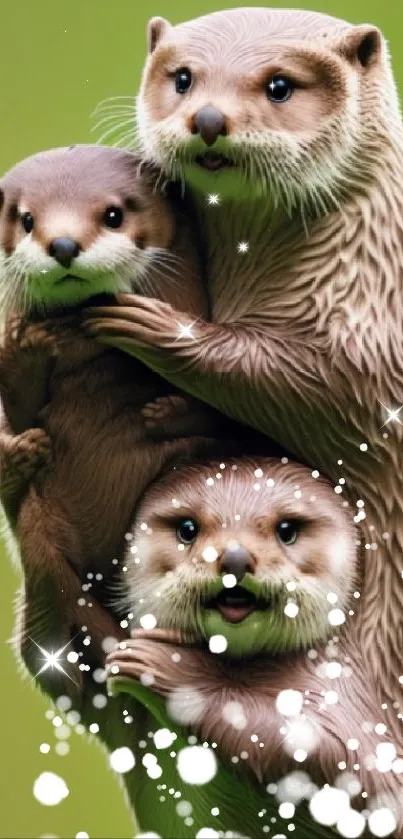 Cute otter family with green background for mobile wallpaper.