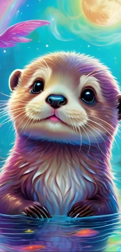 Whimsical otter in magical blue fantasy setting.