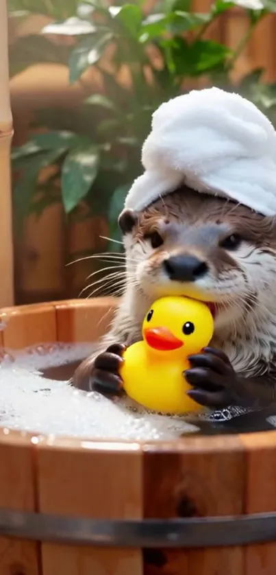 Cute otter holding a rubber duck in a bath.