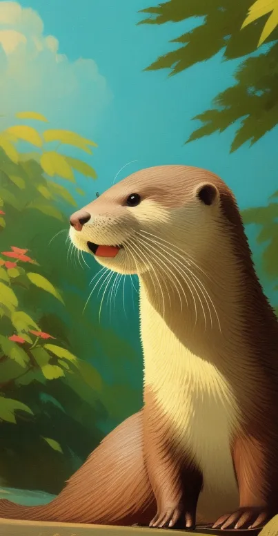 Illustration of a cute otter in a vibrant forest setting.