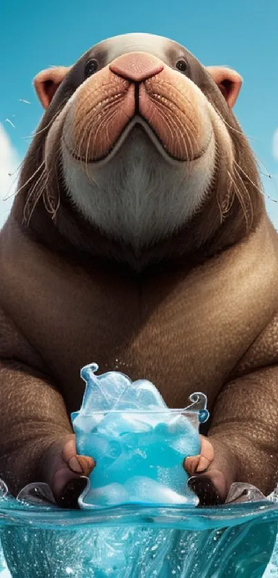 Adorable otter holding ice against a blue sky background.