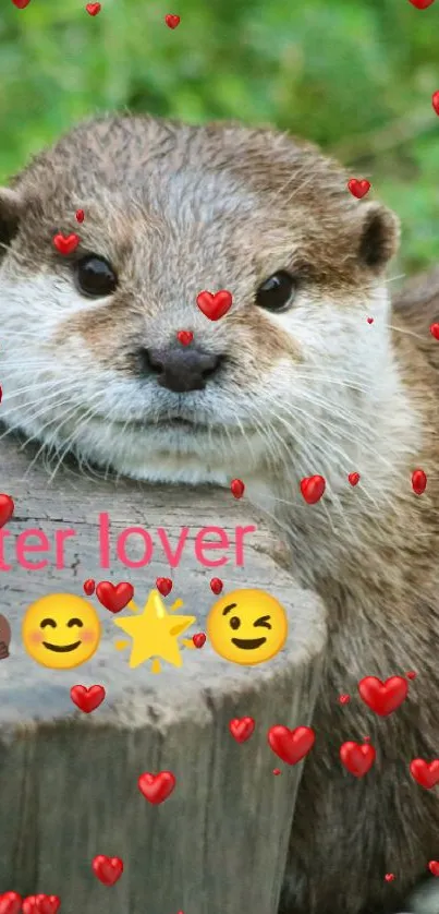 Adorable otter resting by a tree stump in a natural setting.