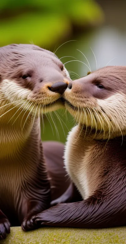 Two cute otters embracing in a natural setting.