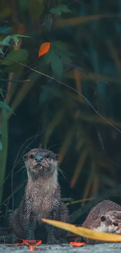 Two otters in a jungle setting with lush foliage.