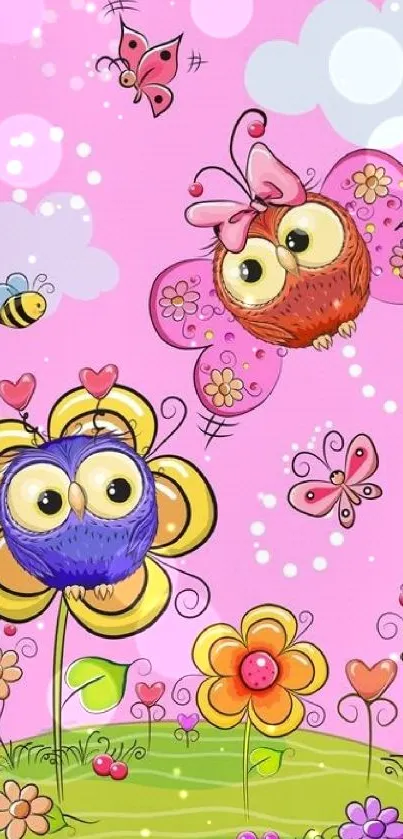 Cute owls and butterflies on a pink background wallpaper.