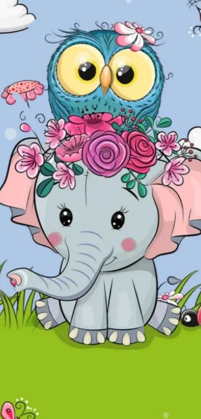 Cute blue owl and elephant with pink flowers in cartoon style.