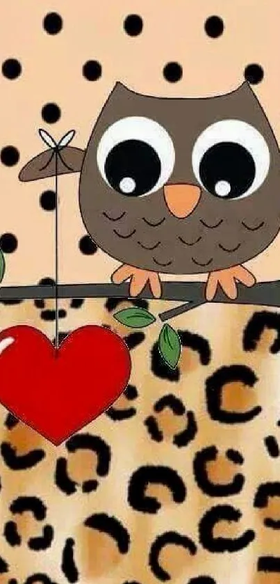 Owl cartoon on a branch with heart detail and patterned background.