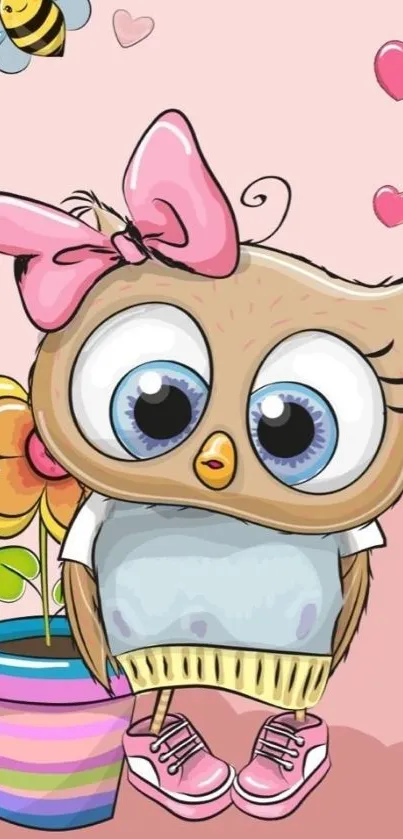 Cute cartoon owl with pink bow and colorful hearts.