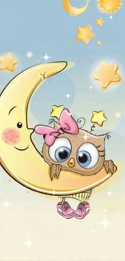 Cartoon owl perched on crescent moon with stars.