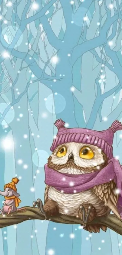 Cute owl and mouse on branch with falling snow in a light blue forest.