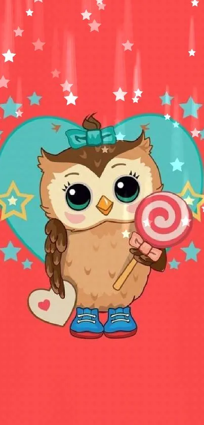 Cute owl with lollipop on red background with stars.