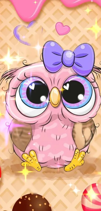 Cartoon pink owl with purple bow and candy accents.