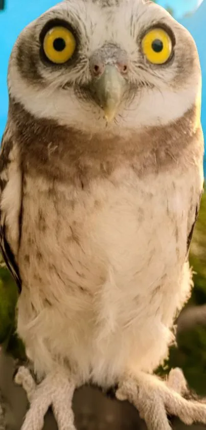 Close-up of a cute owl with vivid yellow eyes against a natural background.