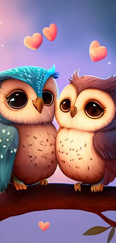 Adorable owl couple sitting on a branch with hearts above.