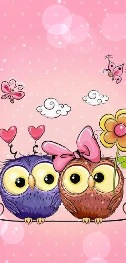 Cute owl couple with hearts and flowers on pink background.