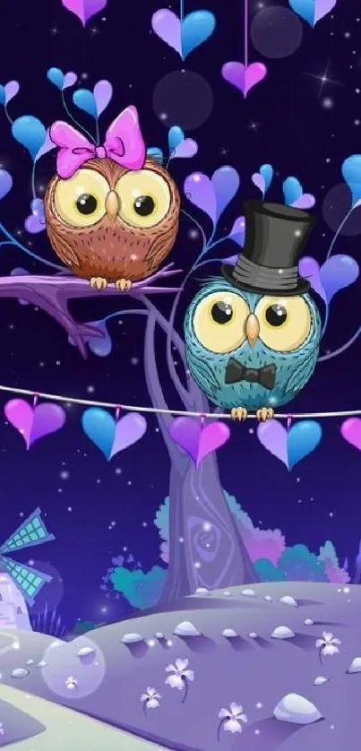 Cute owls on colorful branches under a starry night sky.